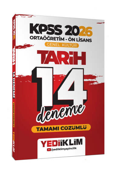Yediiklim Yayınları 2026 KPSS Ortaöğretim Ön Lisans Genel Kültür Tarih Tamamı Çözümlü 14 Deneme - Yediiklim Yayınları kitap kapağı