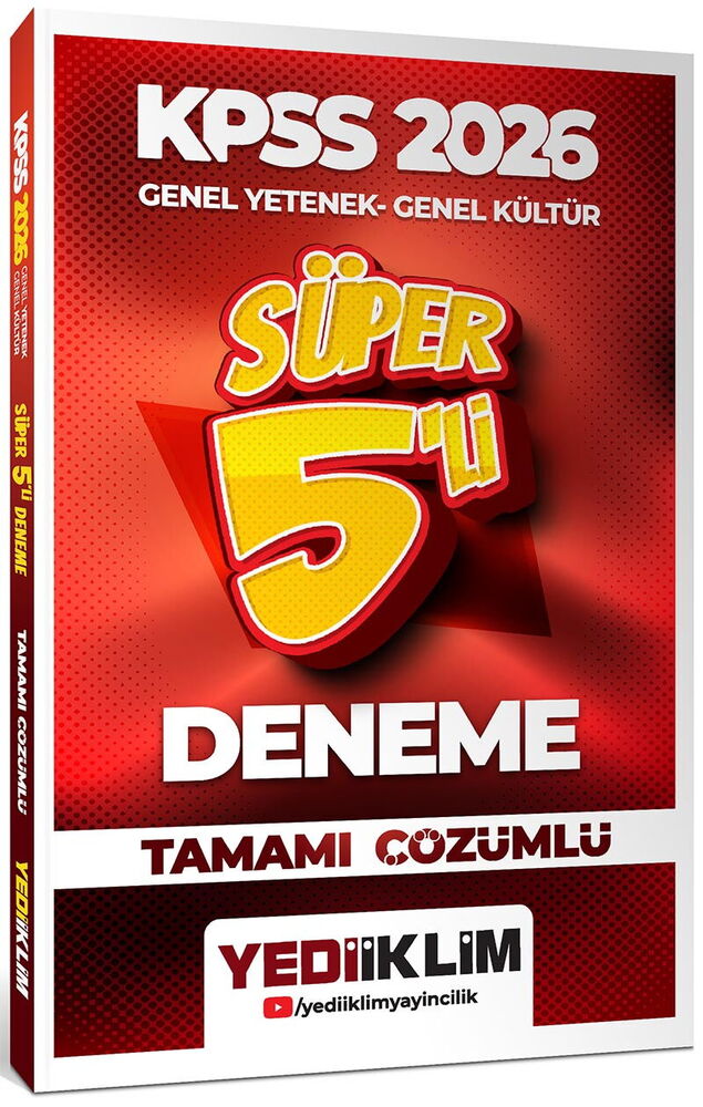 Yediiklim Yayınları 2026 KPSS Genel Yetenek Genel Kültür Tamamı Çözümlü Süper 5 li Deneme - Yediiklim Yayınları kitap kapağı