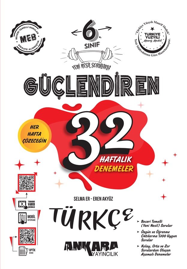 Ankara Yayıncılık %100 Maarif Müfredat 6.Sınıf Güçlendiren 32 Haftalık Türkçe Kazanım Denemeleri