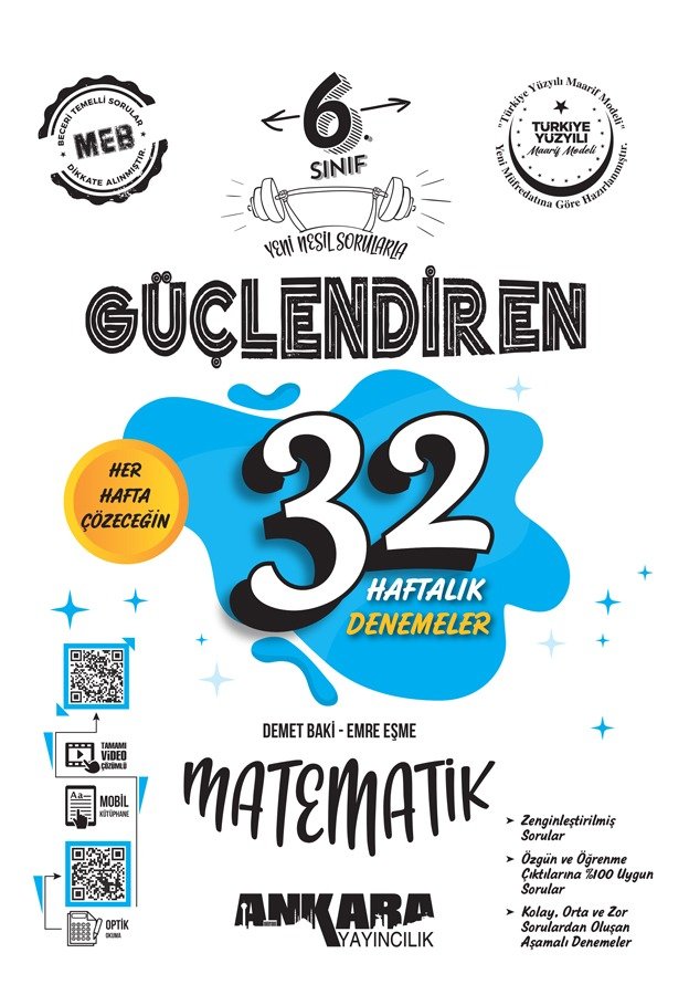Ankara Yayıncılık %100 Maarif Müfredat 6.Sınıf Güçlendiren 32 Haftalık Matematik Kazanım Denemeleri