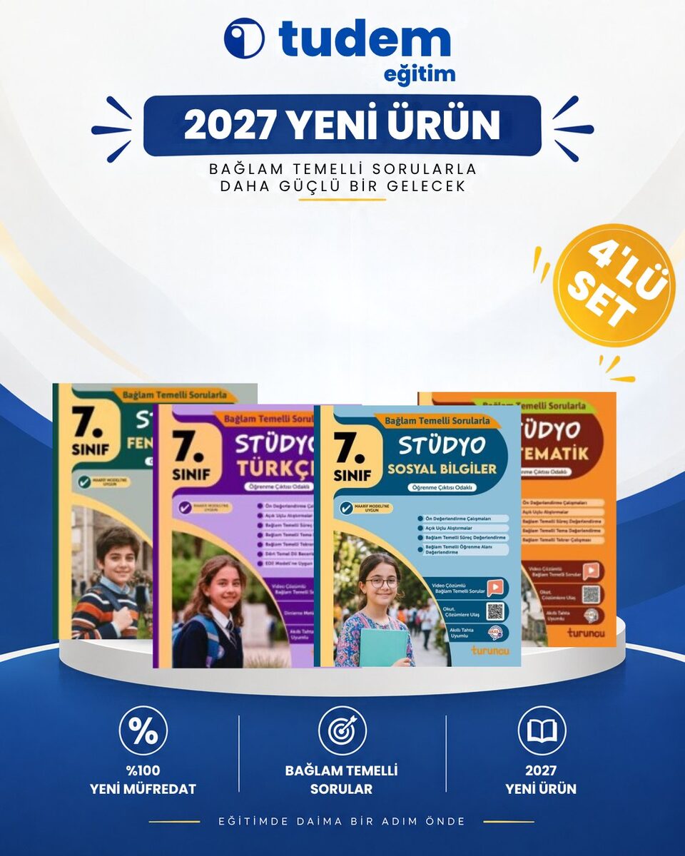 Tudem Yayınları Tudem 7.Sınıf 2027 Stüdyo Matematik-Fen-Türkçe-Sosyal Bağlam Temelli Maarif Müfredat Soru Bankası (TURUNCU) - Tudem Yayınları kitap kapağı